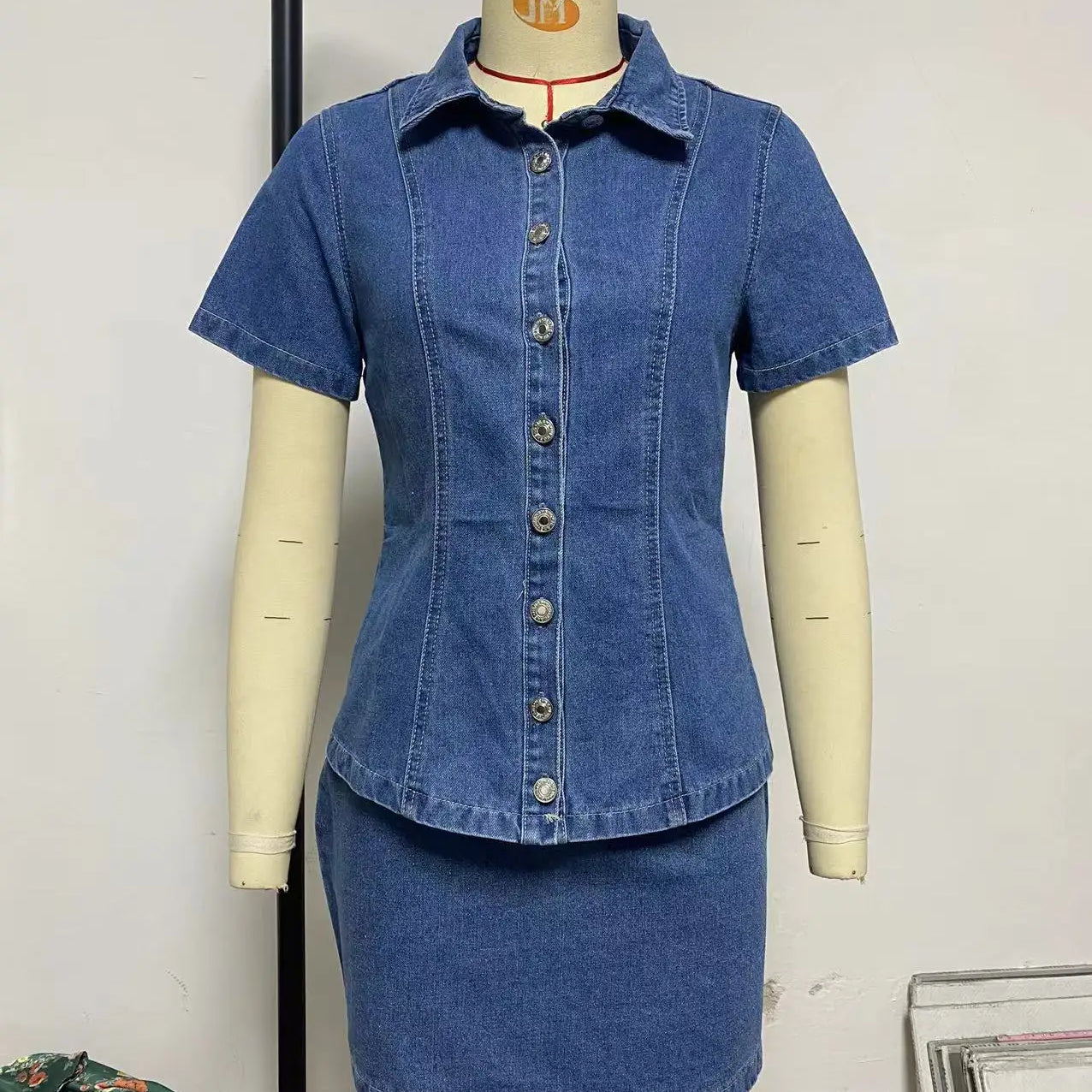 Vintage Denim Women's Set Half Sleeve Shirt Blouse and A-line Midi Mini Skirts Suit 2025 Summer Two 2 Piece Sets Outfits