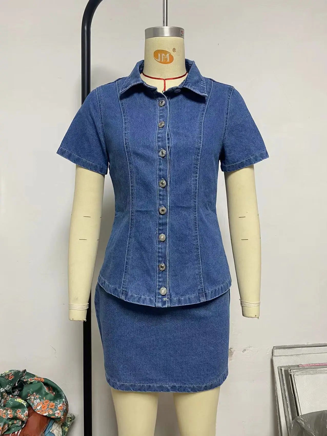 Vintage Denim Women's Set Half Sleeve Shirt Blouse and A-line Midi Mini Skirts Suit 2025 Summer Two 2 Piece Sets Outfits