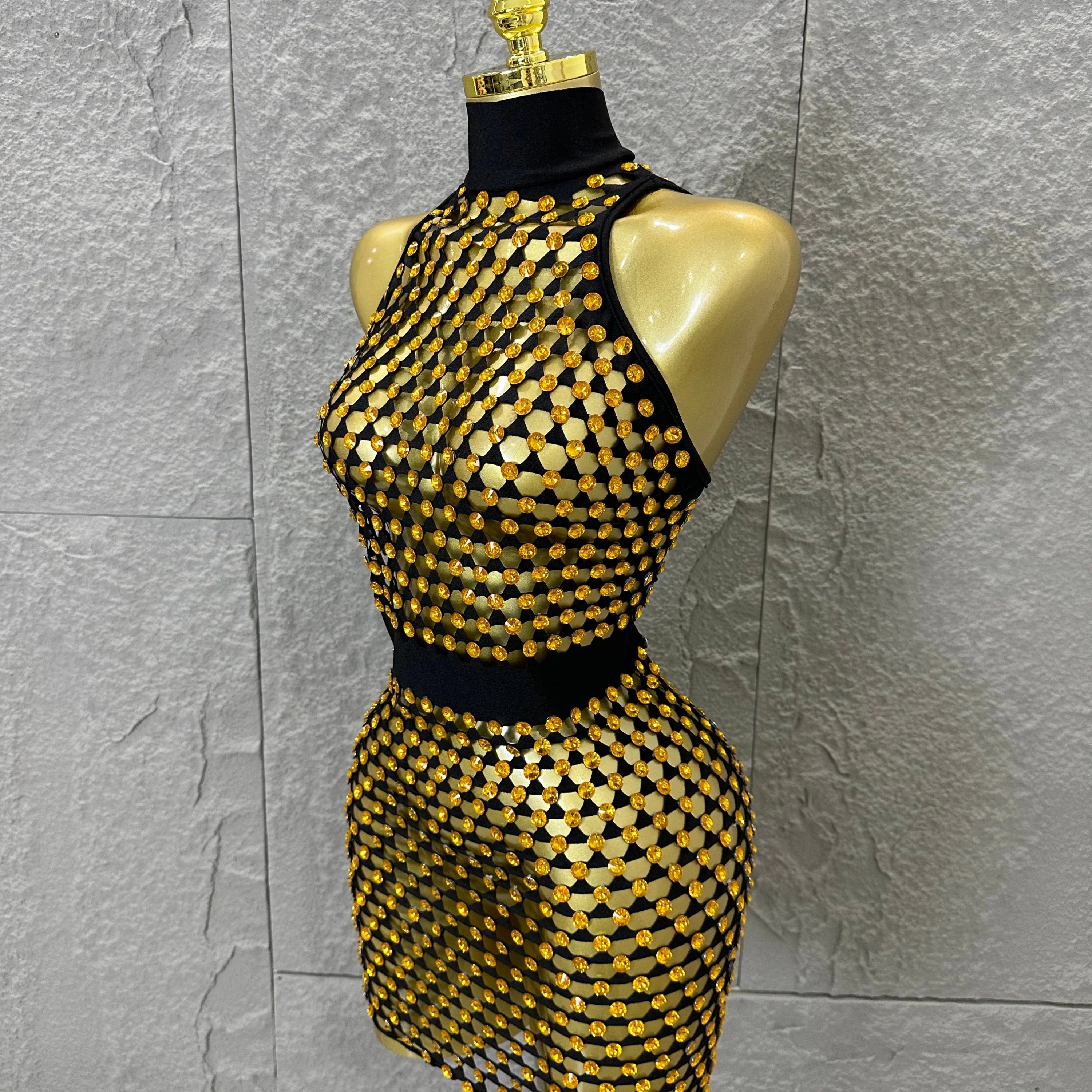 Luxury 2026 Glamorous Black Mesh Halter Mini Dress Sparkle Rhinestone Gold Silver Bead Bodycon Bar Stage Performance Costume