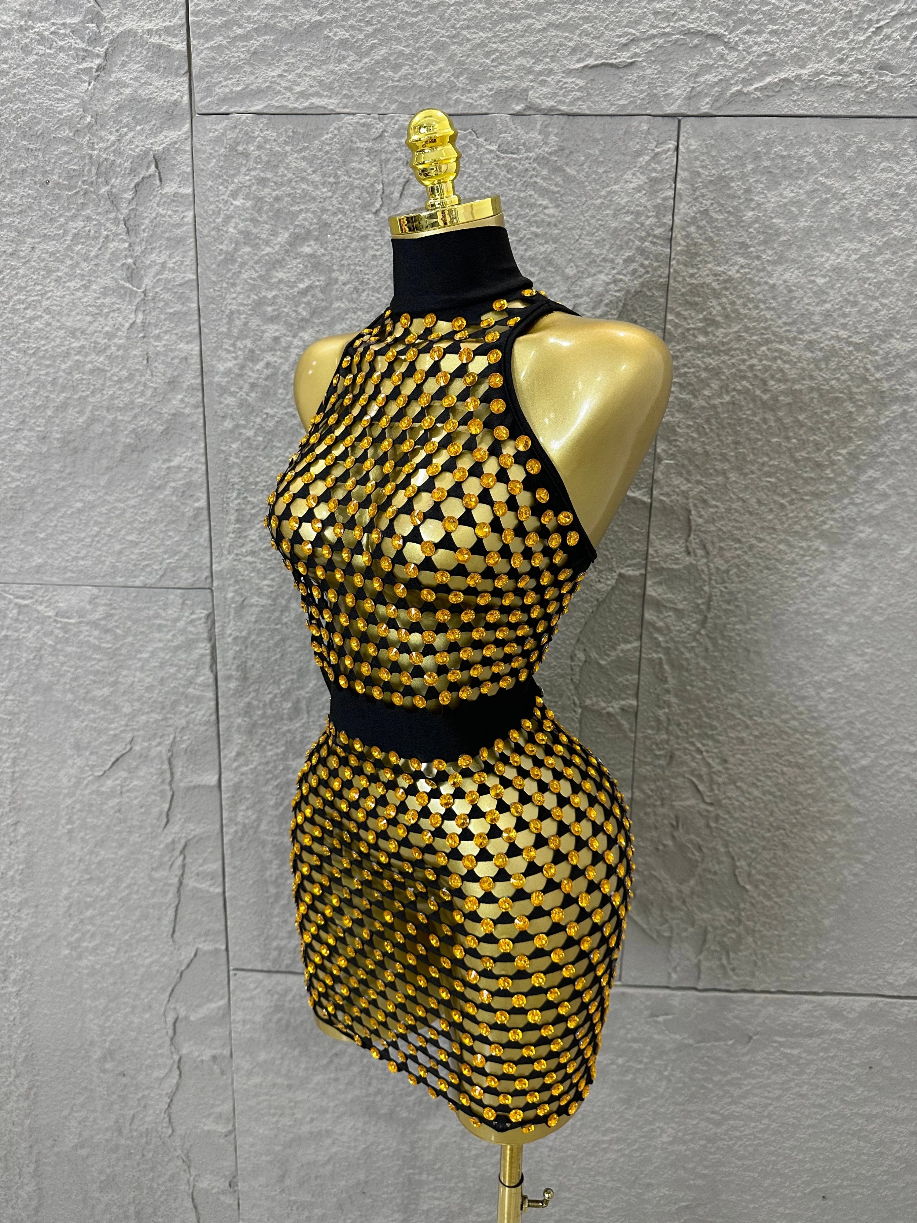 Luxury 2026 Glamorous Black Mesh Halter Mini Dress Sparkle Rhinestone Gold Silver Bead Bodycon Bar Stage Performance Costume