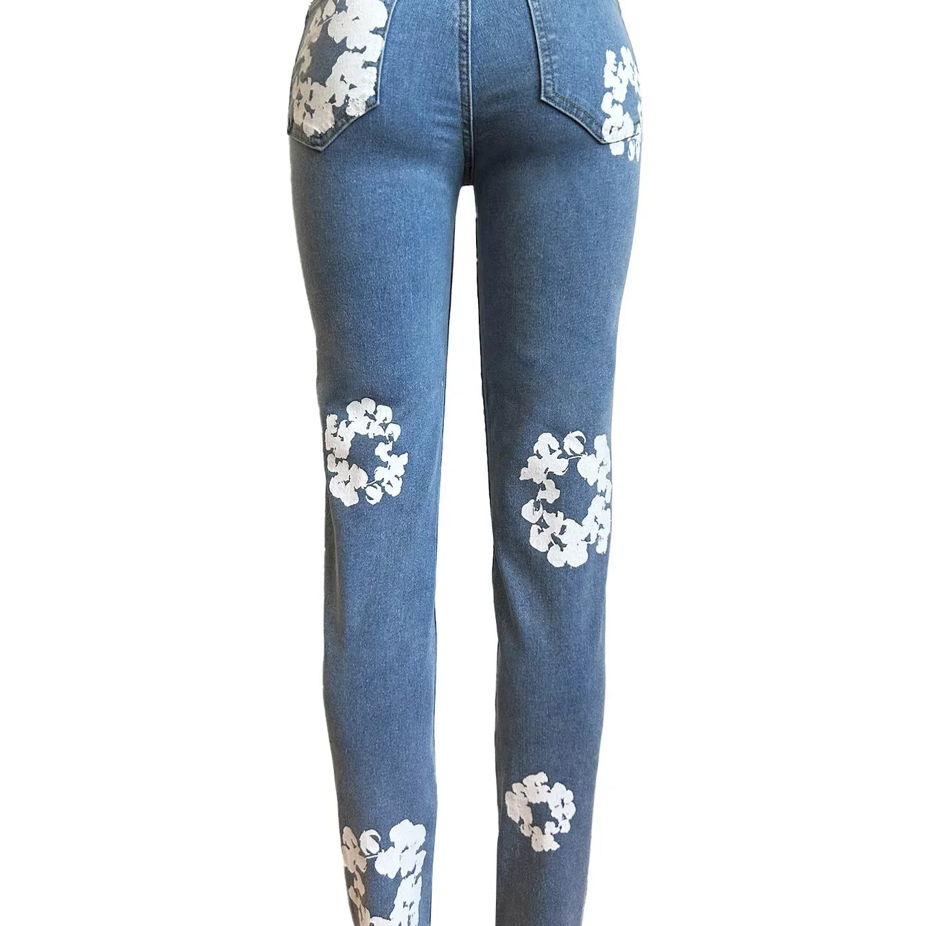Floral Printed Women Jeans Zipper Fly High Waist Denim Pants Spring New Popular High Street Trousers Stretchy Bottom Pants
