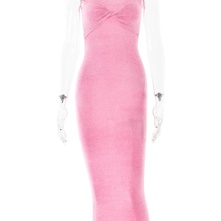 Fantoye Knitted Round Neck Ruched Women Maxi Dress Pink Sleeveless See Through Dress Femme Summer Skinny Elegant Party Beachwear