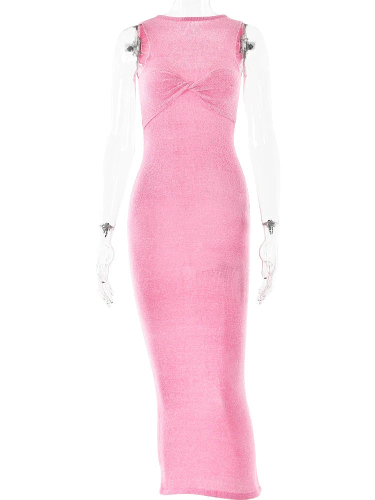 Fantoye Knitted Round Neck Ruched Women Maxi Dress Pink Sleeveless See Through Dress Femme Summer Skinny Elegant Party Beachwear