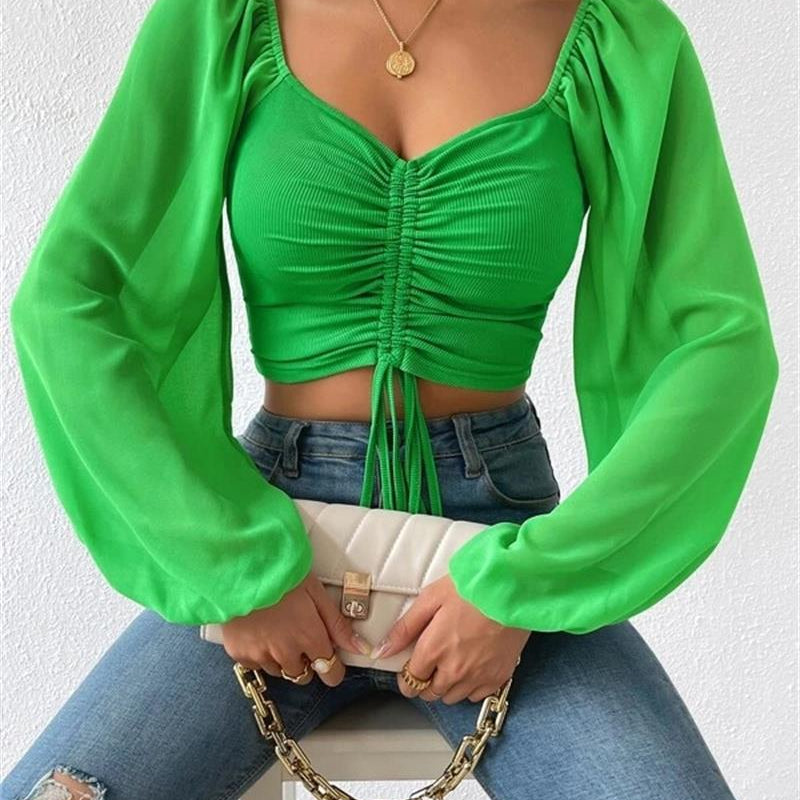 Sexy V-neck Women Blouses Drawstring Long Sleeve Crop Tops Ladies Fashion Summer Short Shirt Woman Clothes Blusas Camisas Mujer Grass green