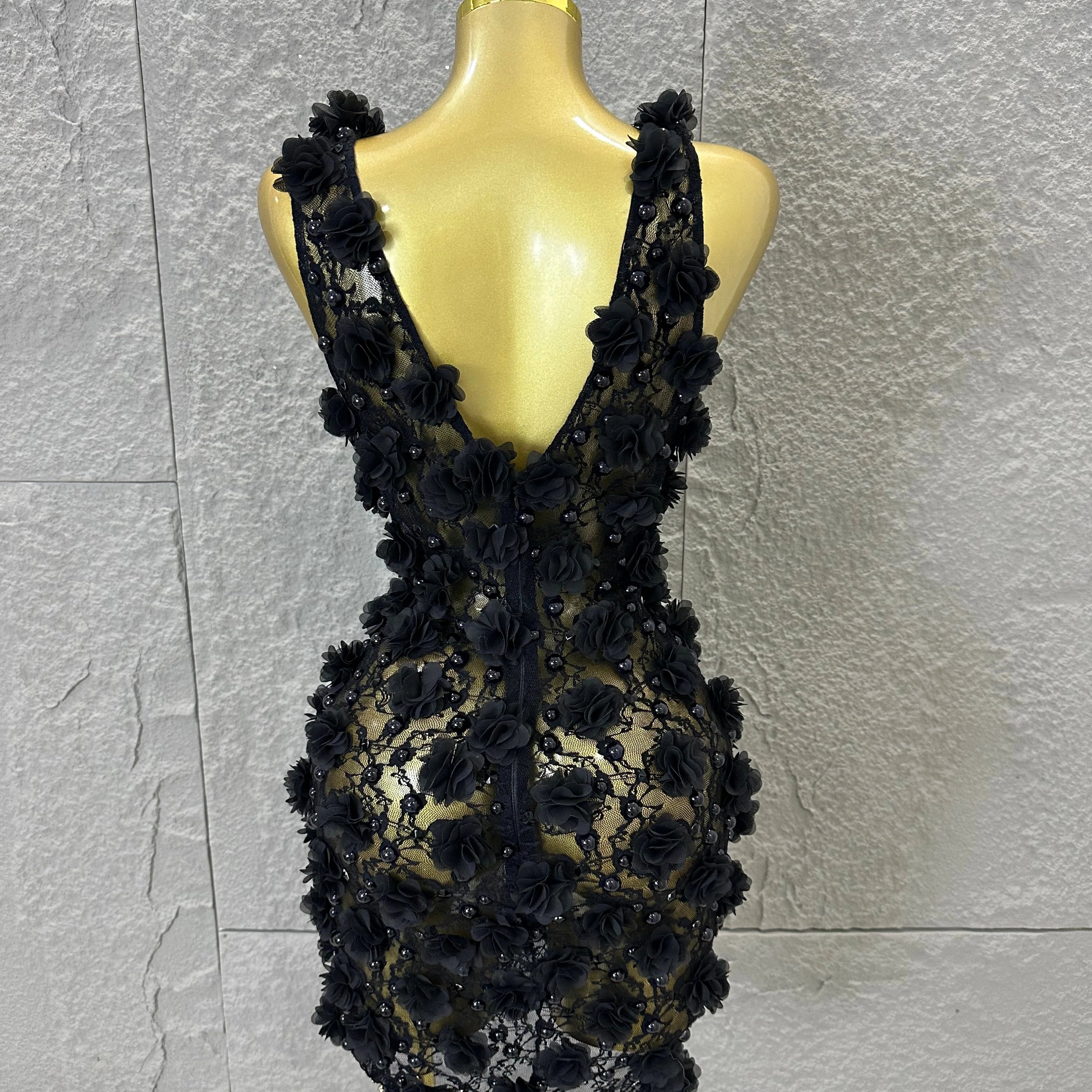 Luxury Black Sheer Mesh Floral Appliqué Mini Dress Deep V Neck Fitted Bodycon Formal Dinner Cocktail Event Party Dress
