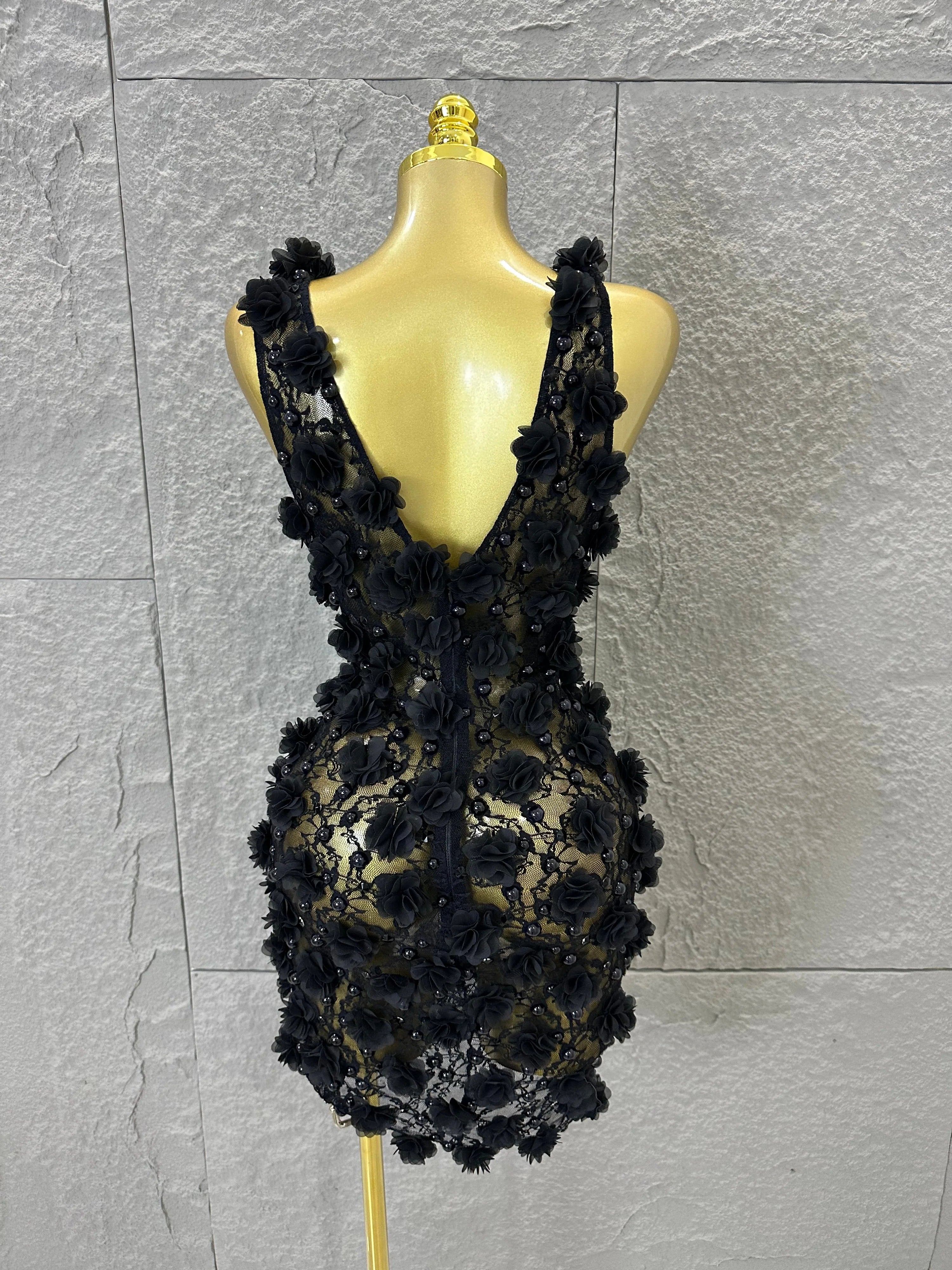 Luxury Black Sheer Mesh Floral Appliqué Mini Dress Deep V Neck Fitted Bodycon Formal Dinner Cocktail Event Party Dress