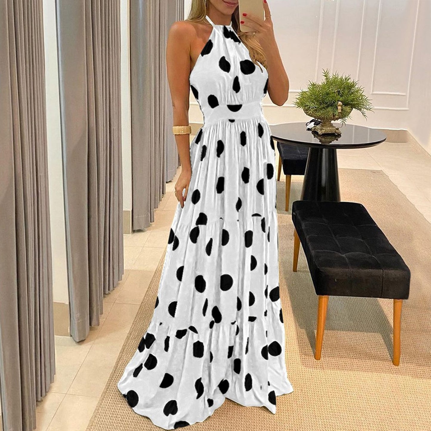 Summer Long Dress Polka Dot Casual Dresses Black Sexy Halter Strapless New - Yellow Sundress Vacation Clothes For Women