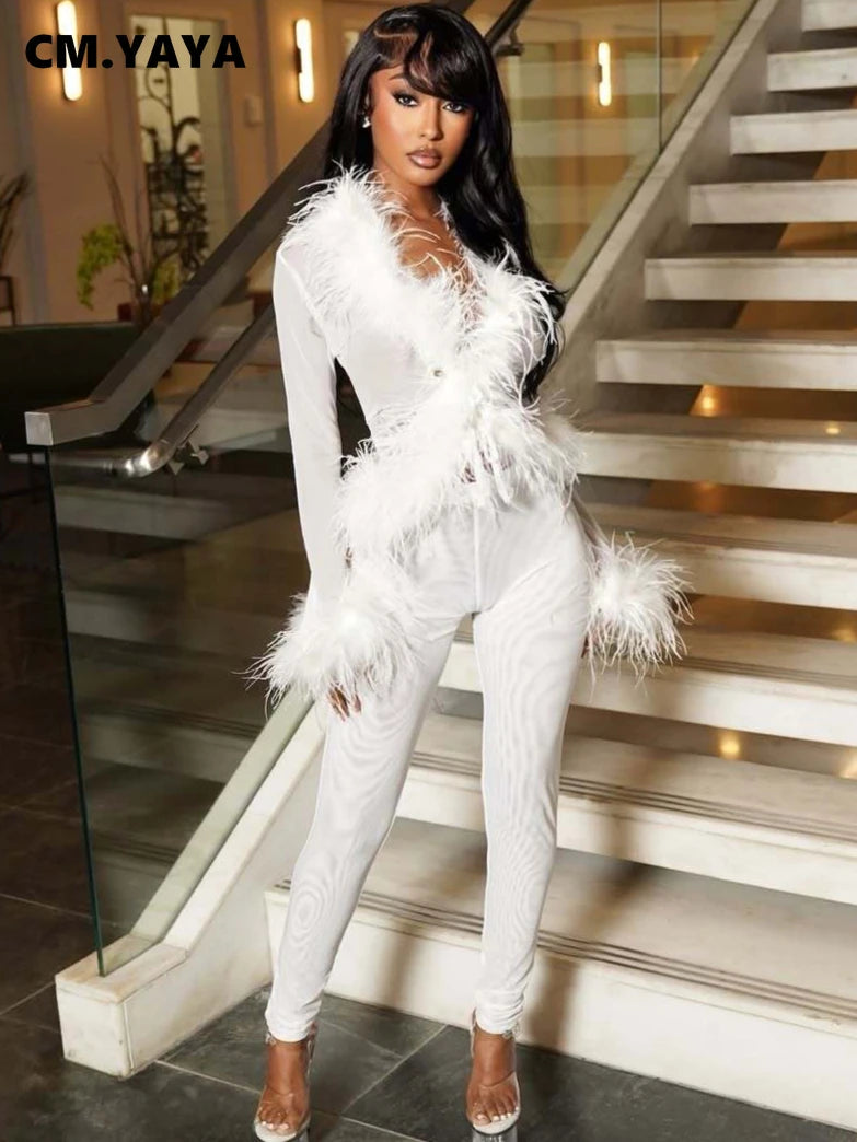 Fashion Mesh See Though Women's Set Feather Side Long Sleeve Crop Top and Legging Pants 2025 Sexy Two 2Piece Sets Outfit