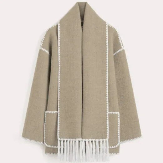 Women Woolen Coats with Tassel Scarf Autumn Winter Long Sleeve Single Breasted Warm Jackets Embroidery Pocket High Street Tops Camel