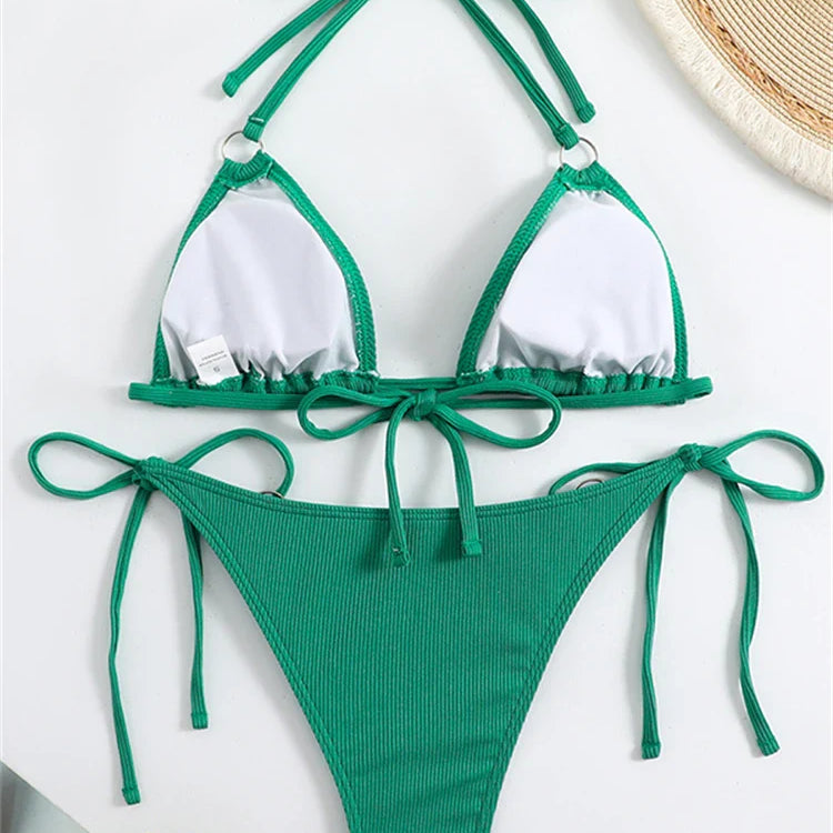 Bikini Women Swimsuit New Solid Ribbed Halter Bikinis Set Sexy Lace Up Swimwear Summer Two Piece Beach Bathing Suit Female