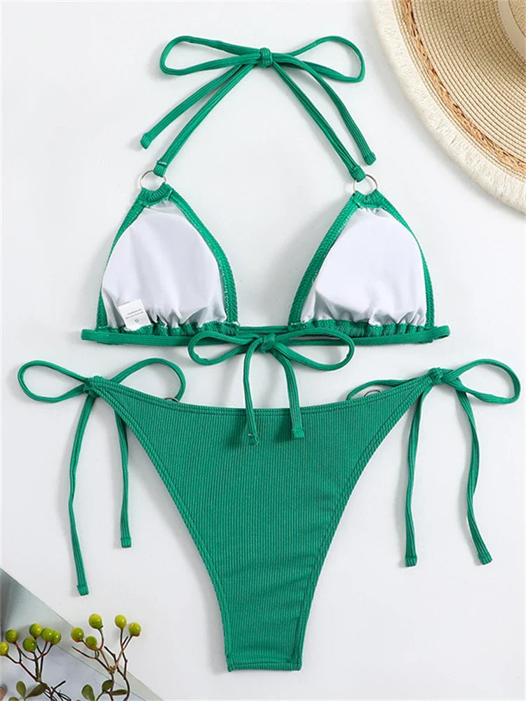 Bikini Women Swimsuit New Solid Ribbed Halter Bikinis Set Sexy Lace Up Swimwear Summer Two Piece Beach Bathing Suit Female