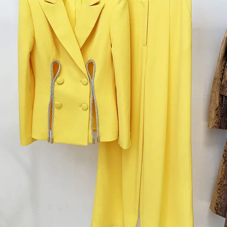 Yellow Pants Set 2024 New Designer Blazer with Diamond Striped Split Suit Jacket Straight Trouser Two Piece Set Outfits Women