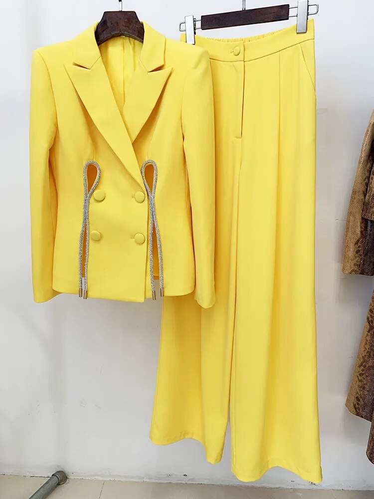 Yellow Pants Set 2024 New Designer Blazer with Diamond Striped Split Suit Jacket Straight Trouser Two Piece Set Outfits Women