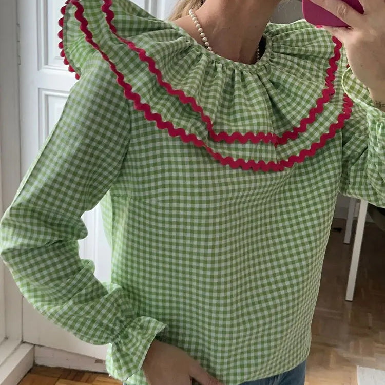 Spring Women Green Plaid Print Puff Sleeve T Shirt Elegant Casual Loose Ruffles O Neck Tops New Female Commute Streetwear