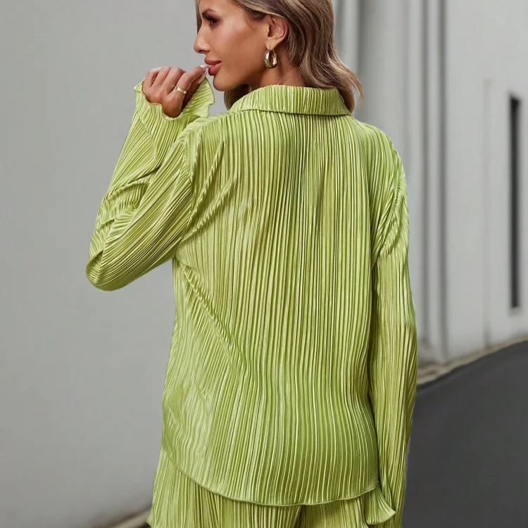 Causal Green Pleat Lapel Women Shorts Suits Fashion Long Sleeve Single Breasted Shirts 2 Piece Sets Female Summer Street Outfits