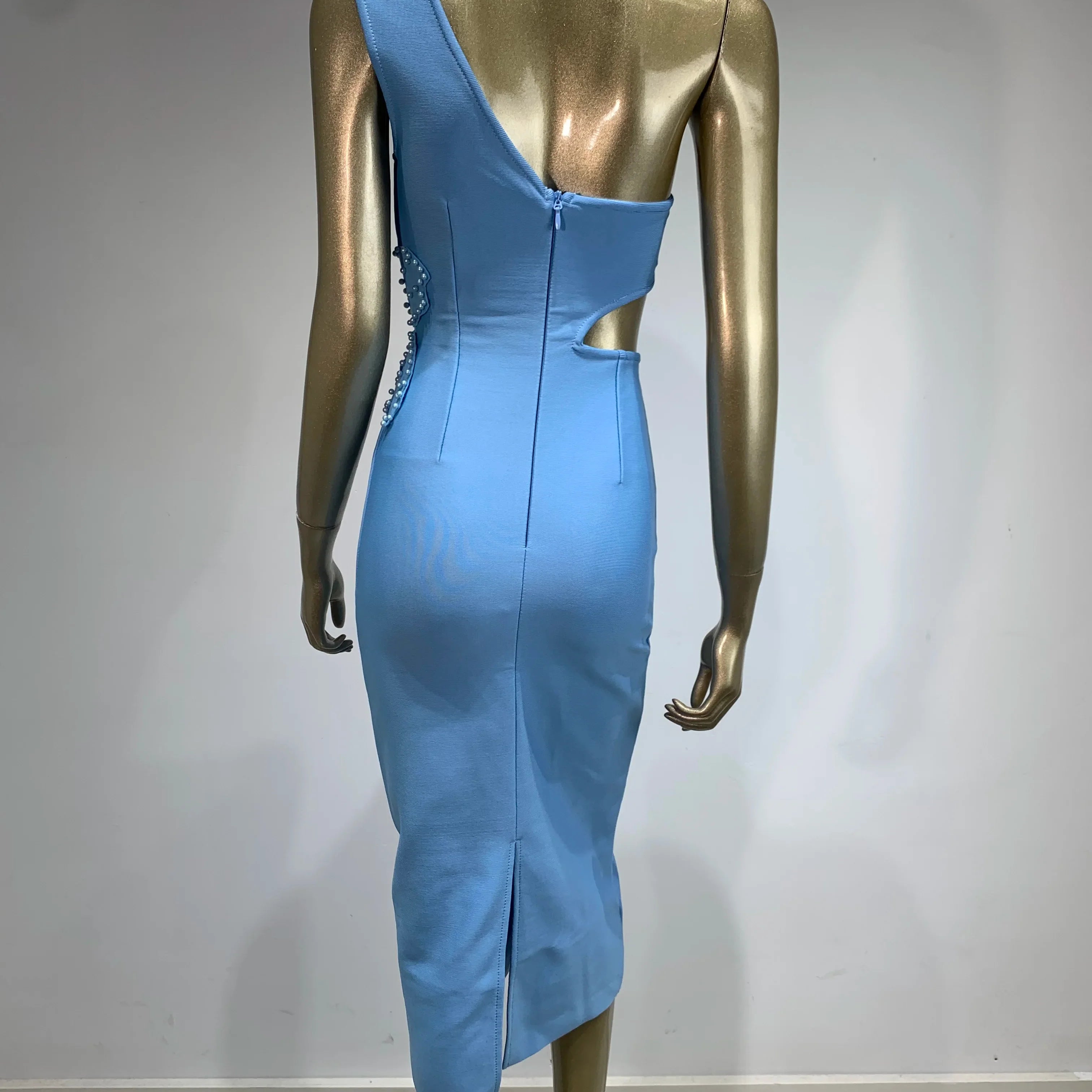 Bandage Dress Women Celebrity Sexy One Shoulder Cut Out Sky Blue Flower Midi Bodycon Elegant Evening Club Party Dress