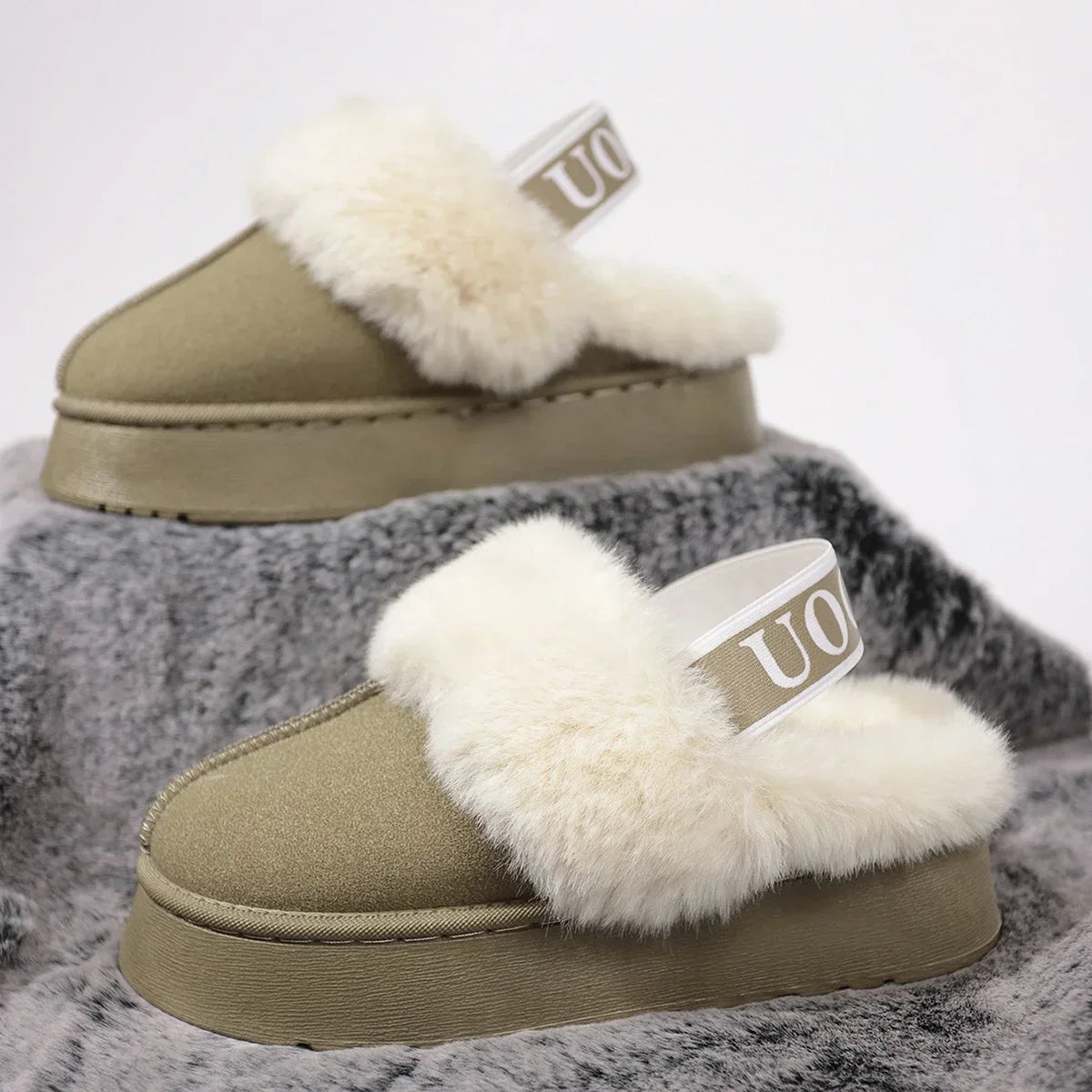 New Leather Women Fashion Winter Indoor Solid Color Suede Slippers Ladies Home Platform Warm Slip-on Women’s Shoes khaki