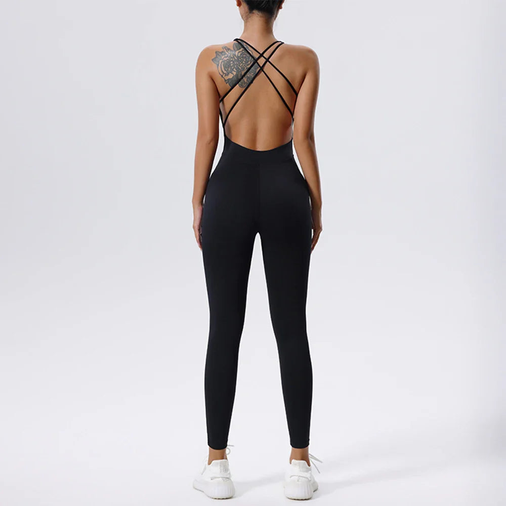 Sexy Jumpsuit Gym Workout Yoga Clothes Sleeveless One Piece Sports Jumpsuit Dance Fitness Tight Boilersuit Women Tracksuit Black