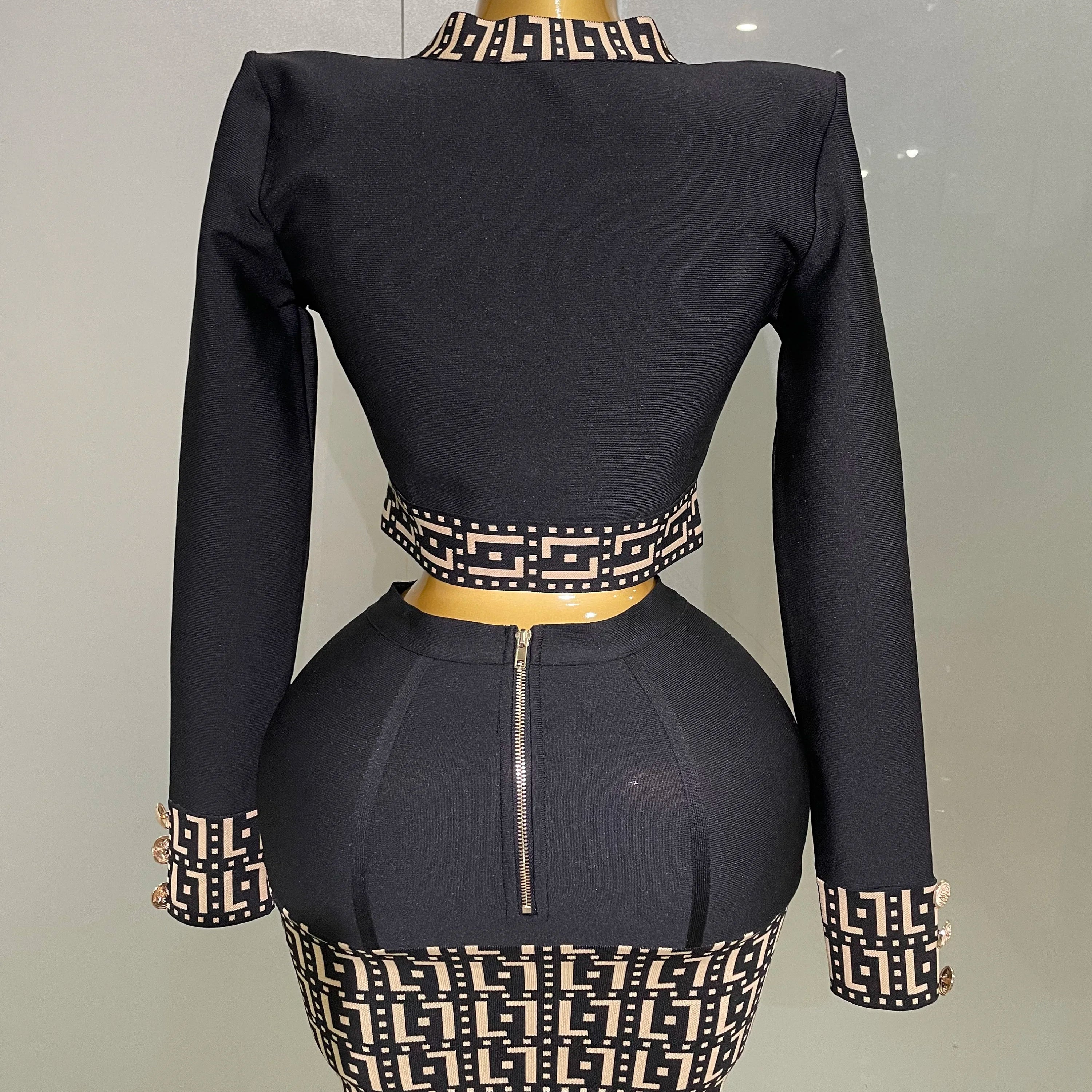 2025New Trendy Black Long Sleeves Two Pieces Bandage Set Button Top Short Skirt Suit Evening Party Women's Outfit Nightclub Wear