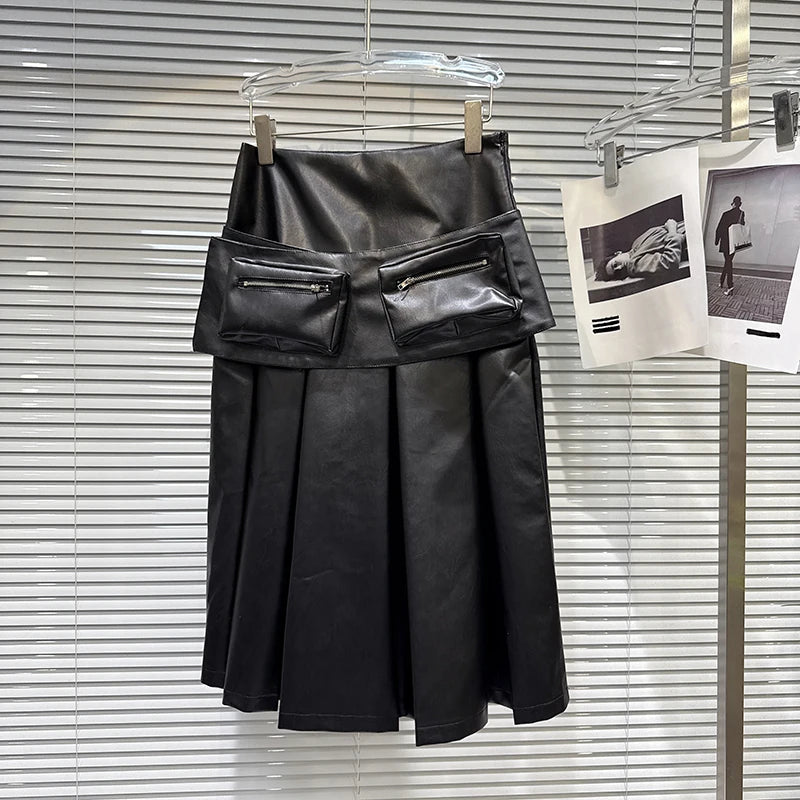 Winter New Fashion Pocket Waist Belt PU Leather Midi Skirt For Women High Street Pleated Skirts Female Trend 11A07862