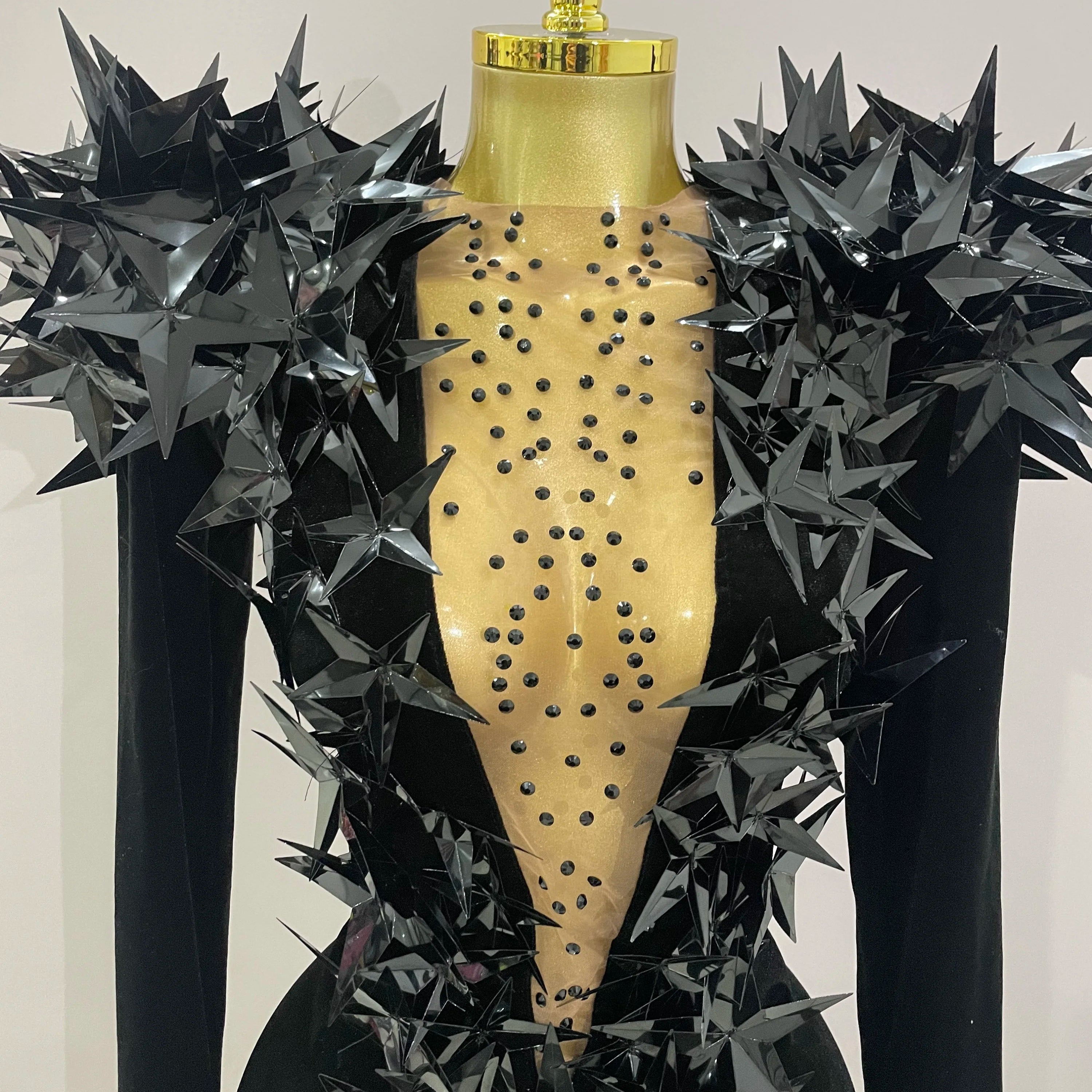 2025 New Shiny Black Rhinestone Velvet Long Sleeve Bodysuit Women Evening Party Club Gala Hosts NightClub Bar Stage Costumes