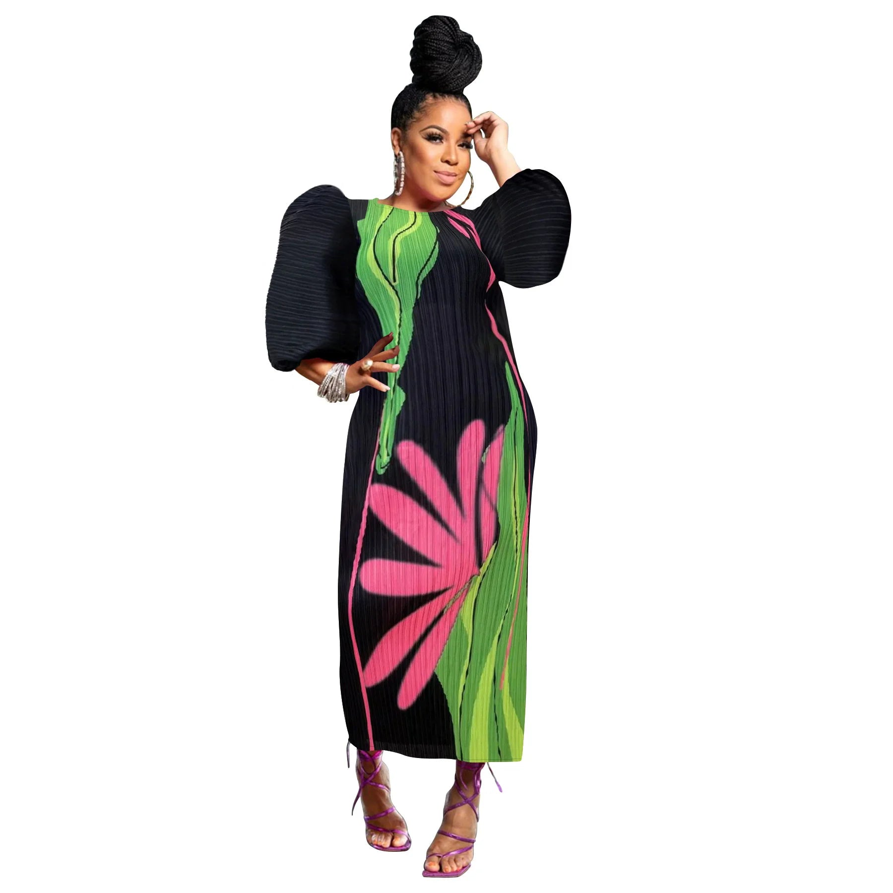 Elegant Women Pleated Half Lantern Sleeve O-neck Slim Maxi Long Dress Print Fashion Autumn 2024 Ruched Dresses Vestidos green One Size