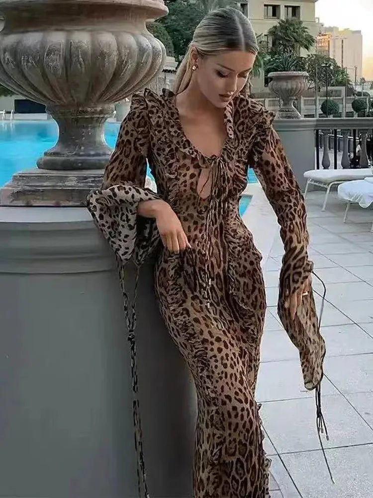 Fashion Print Ruffle Split Dress Women Spring Summer Deep V-neck Female Vestidos Elegant Long Sleeve Lace Up Lady Robe