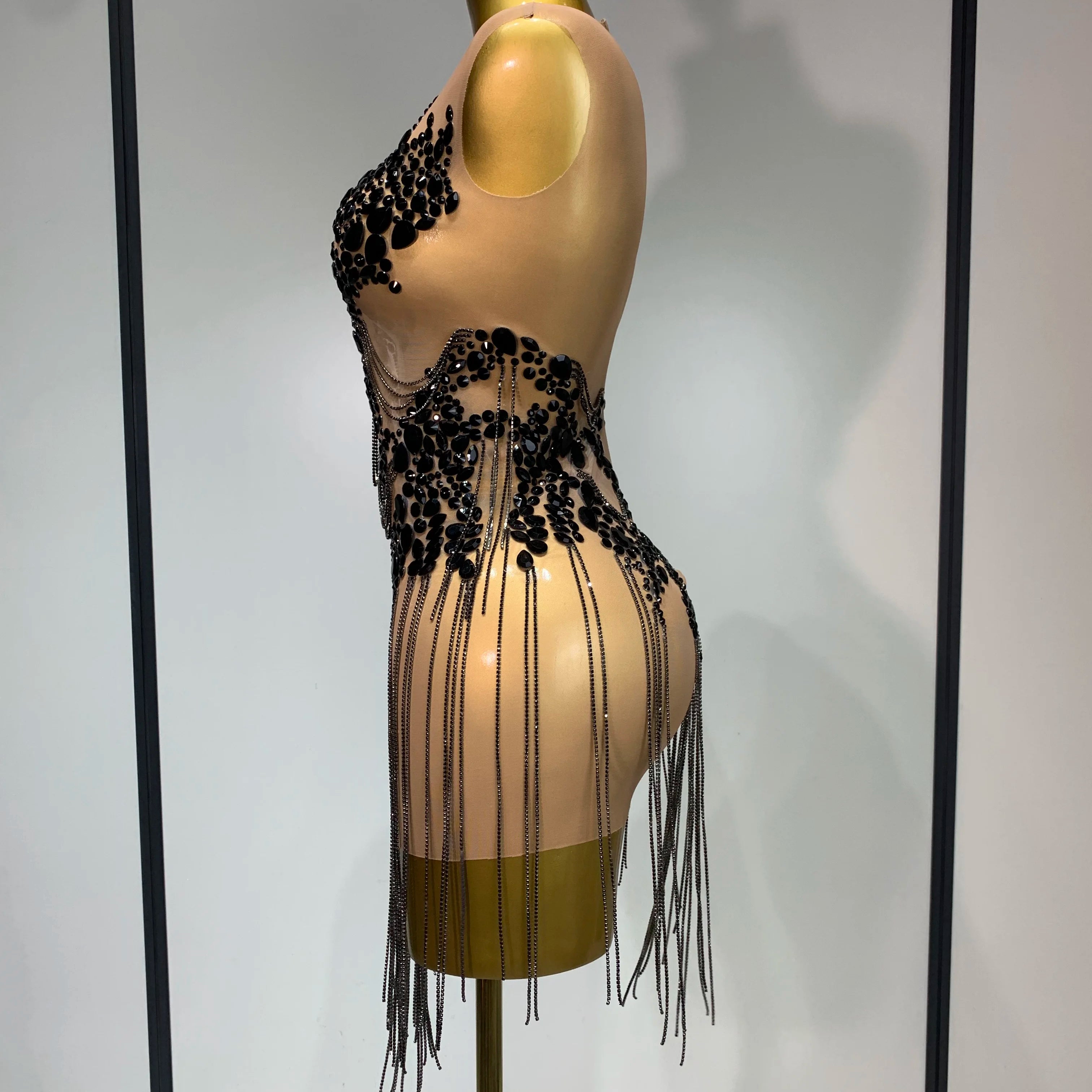 Luxury Rhinestones Chain Sleeveless Mini Dress Celebrity Elegant Sexy Performance Dance Nightclub Outfit Birthday Party Dress