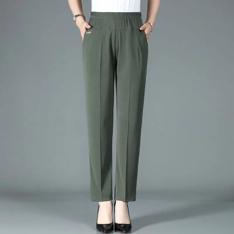 Summer Simplicity Commute Solid Color Straight Pants Women's Clothing Fashion All-match Elastic Waist Trousers for Female Dark Green