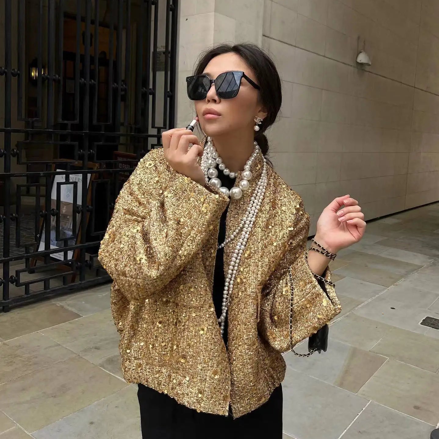 Sequins Woman Bomber Jackets for Women Autumn Chic Streetwear Coat Female Stand Collar with Pocket Outerwear