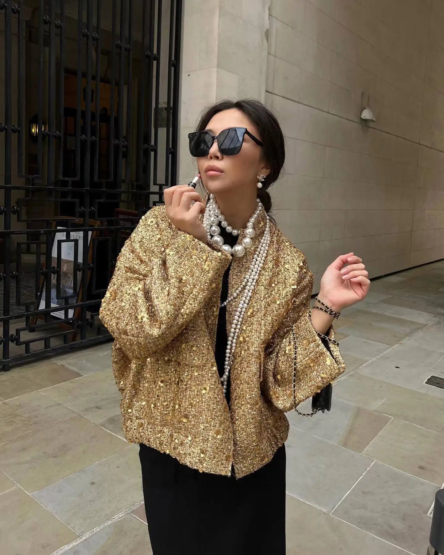 Sequins Woman Bomber Jackets for Women Autumn Chic Streetwear Coat Female Stand Collar with Pocket Outerwear