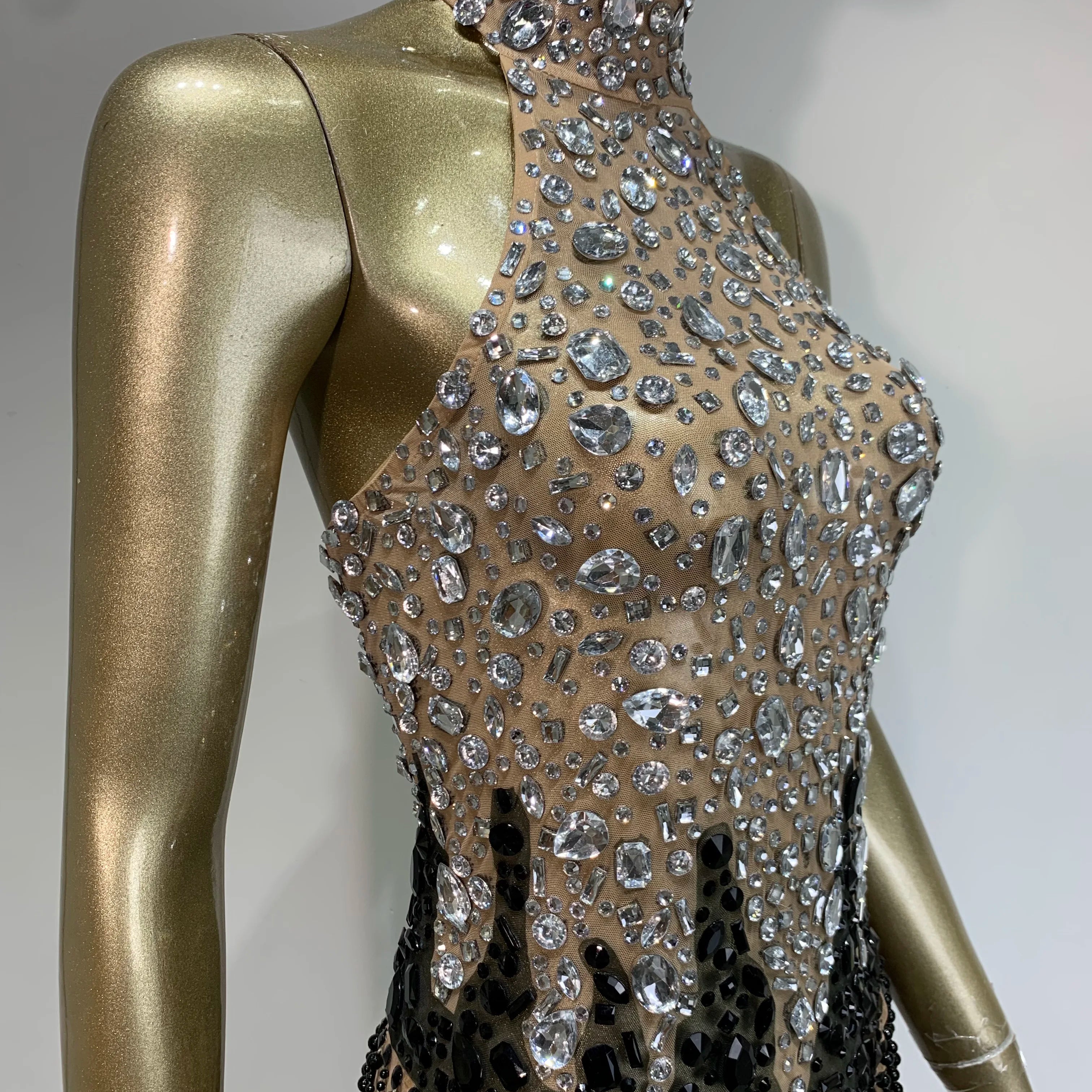 Women Sexy Backless Halter Crystal Diamonds Patchwork Mini Dress Birthday Party Costume Bar Nightclub Stage Performance Dress