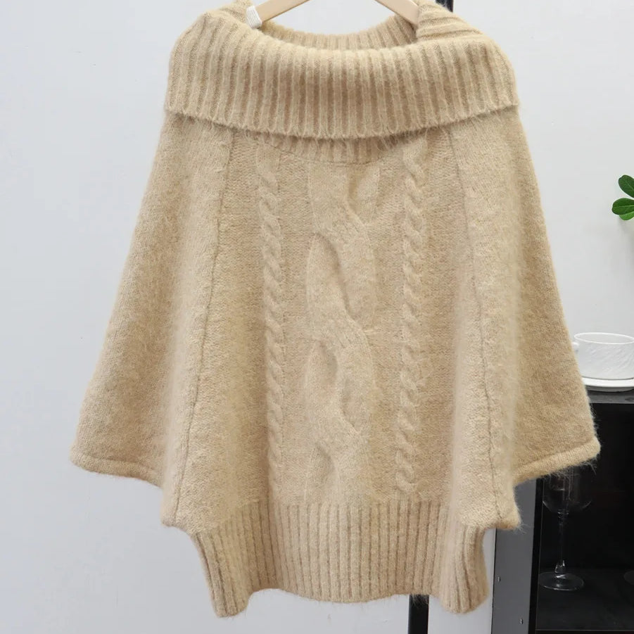 Autumn Winter New Off-Shoulder Design Thickened Cable Knit Cape Sweater Lazy Style Pullover For Women 11A07620 Apricot One Size