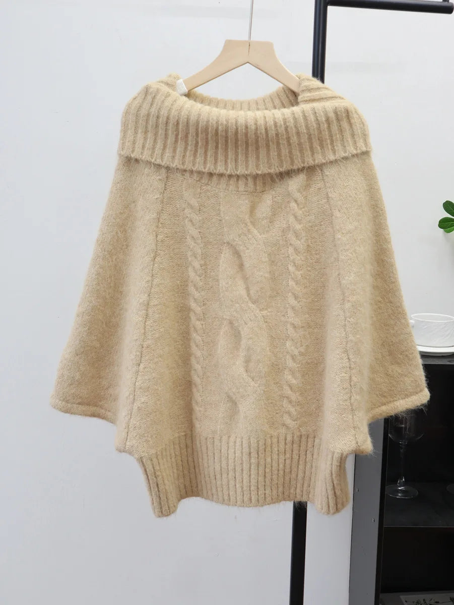 Autumn Winter New Off-Shoulder Design Thickened Cable Knit Cape Sweater Lazy Style Pullover For Women 11A07620 Apricot One Size