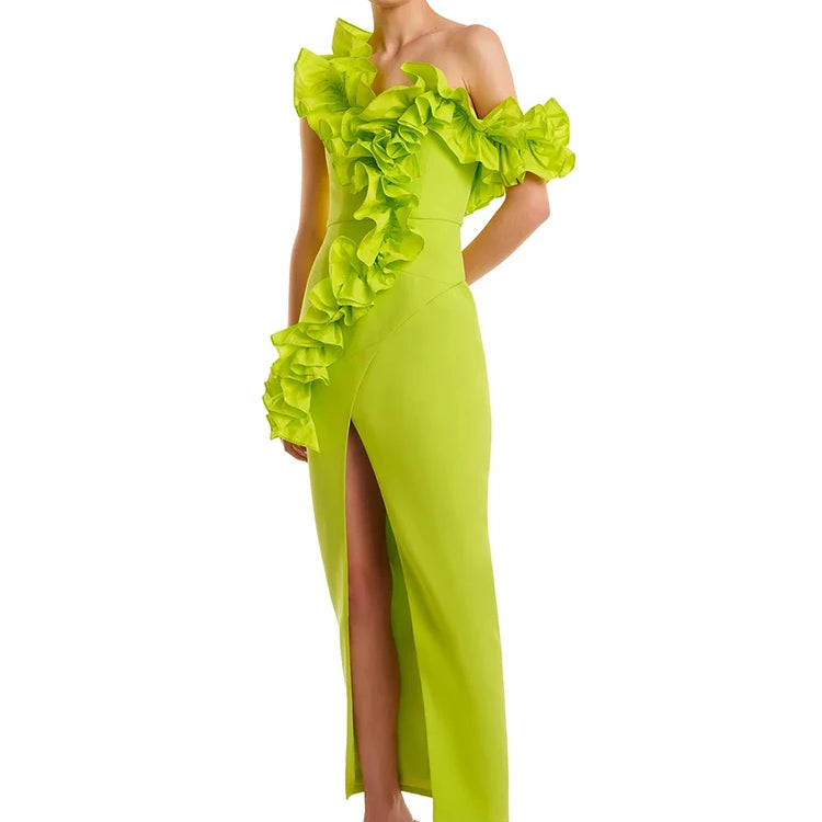 Women Sexy One Shoulder Ruffles Neon Green Split Maxi Long Bandage Maxi Dress Elegant Evening Club Party Cocktail Outfits