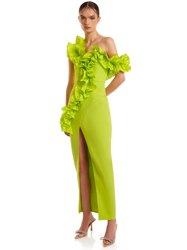 Women Sexy One Shoulder Ruffles Neon Green Split Maxi Long Bandage Maxi Dress Elegant Evening Club Party Cocktail Outfits
