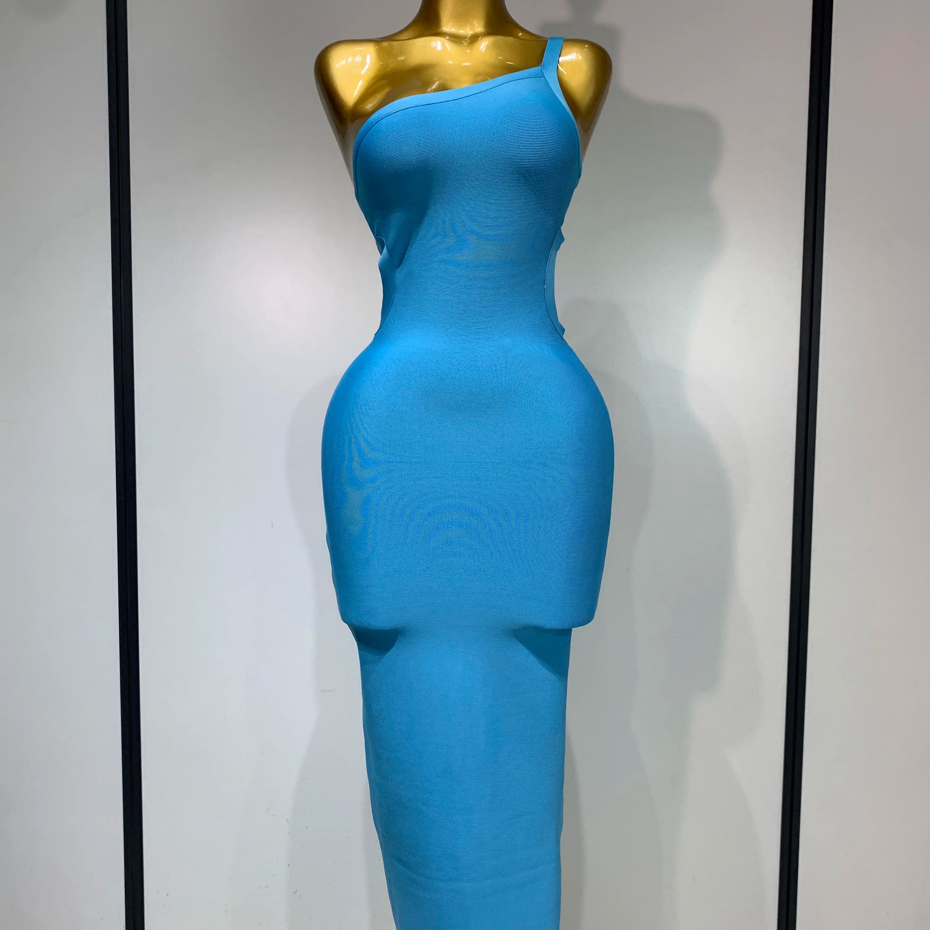 Luxury Birthday Dress Women Blue Bodycon Bandage Dress One Shoulder Sleeveless Backless Dress Cocktail Evening Party Vestidos Blue