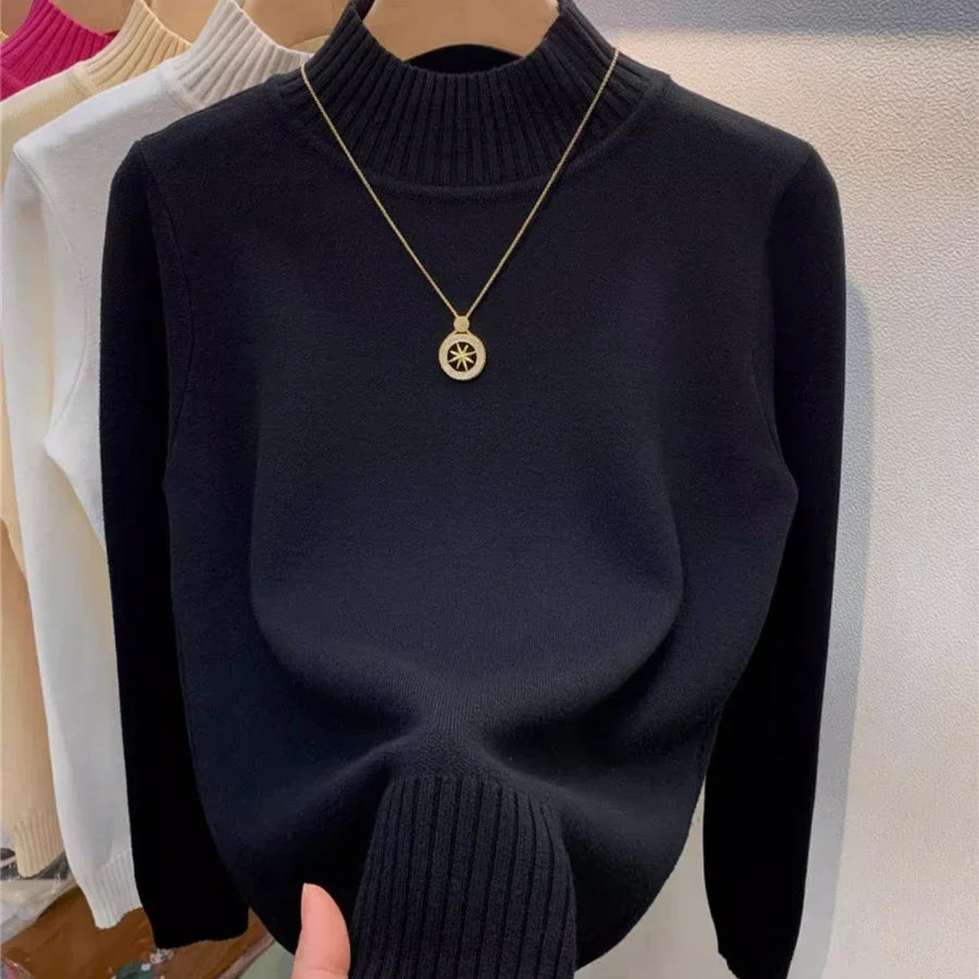 Candy Color Half Turtleneck Sweater Pullover Women Fall Winter Slim Soft Knitwear Jumper Korean Casual Warm Knit Long Sleeve Top black