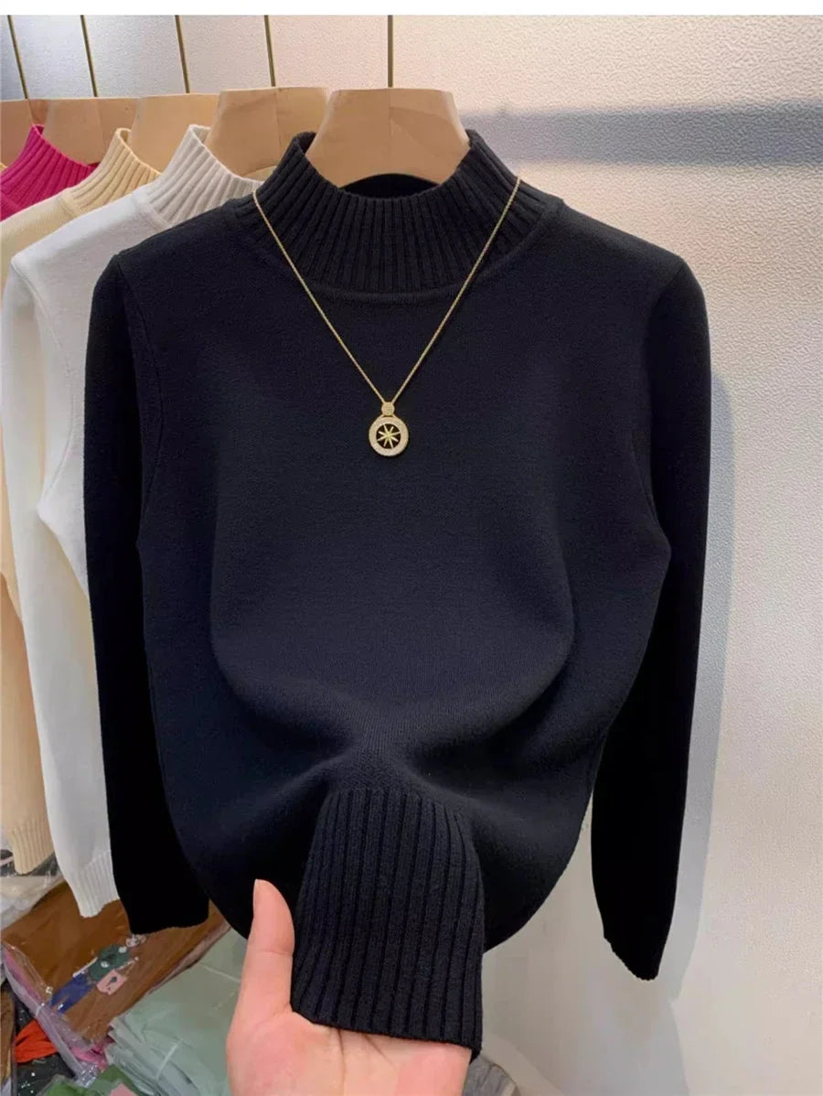 Candy Color Half Turtleneck Sweater Pullover Women Fall Winter Slim Soft Knitwear Jumper Korean Casual Warm Knit Long Sleeve Top black
