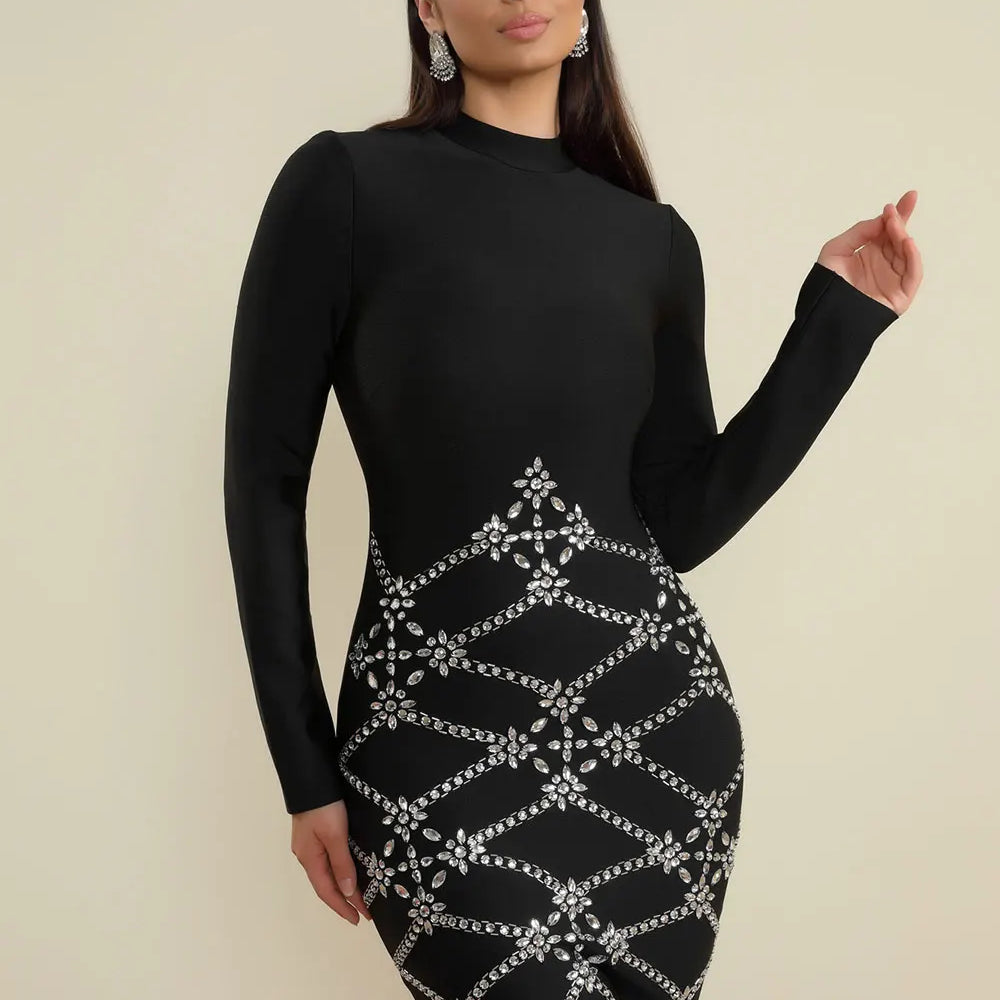 2025 Spring Elegant Women's Bandage Dress Stand Collar Long Sleeve Light Luxury Hot Diamond Bodycon Dress Club Party Vestidos black