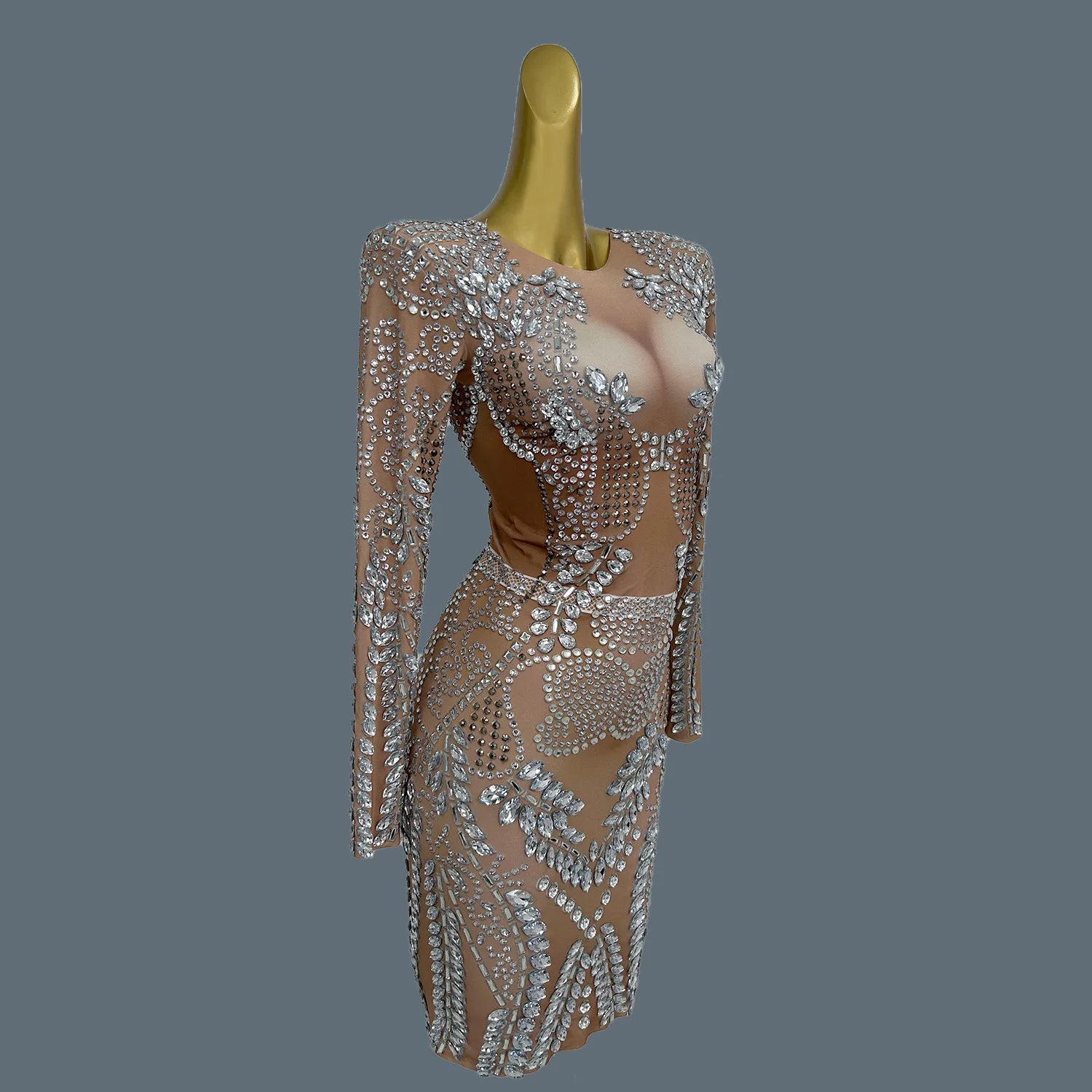 Sparkly Silver Big Rhinestone Sheer Mesh Evening Dress Birthday Celebrate Party Luxurious Costume fof Women Prom Dress Liushu