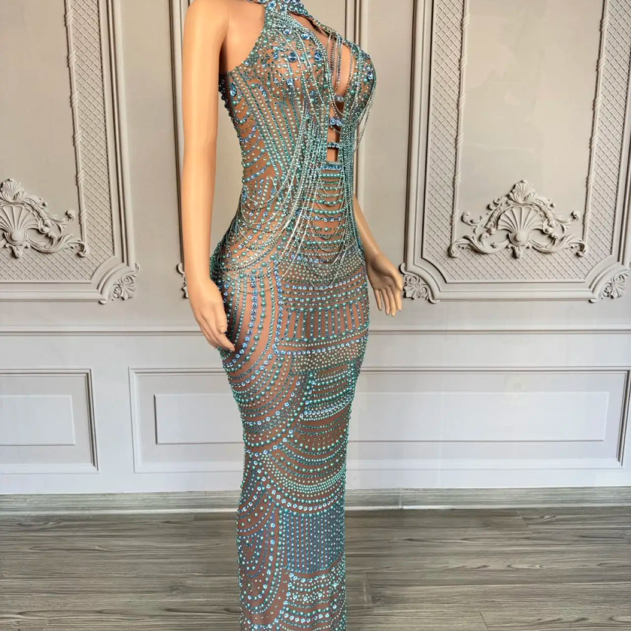 Luxury Couture Rhinestone Elegant Evening Dress Women Birthday Celebrate Party Gown Sexy Mesh See Through Photo Shoot Dress Miwu