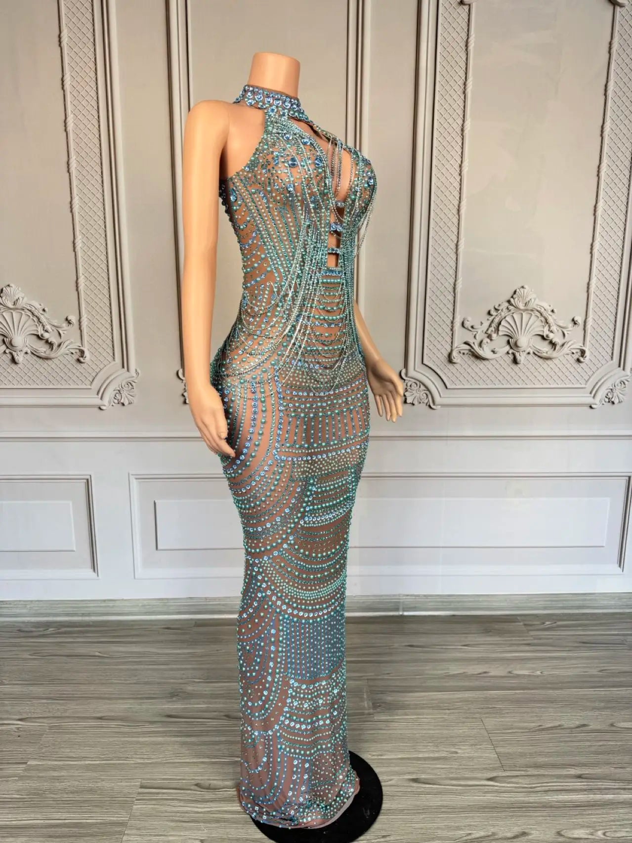 Luxury Couture Rhinestone Elegant Evening Dress Women Birthday Celebrate Party Gown Sexy Mesh See Through Photo Shoot Dress Miwu