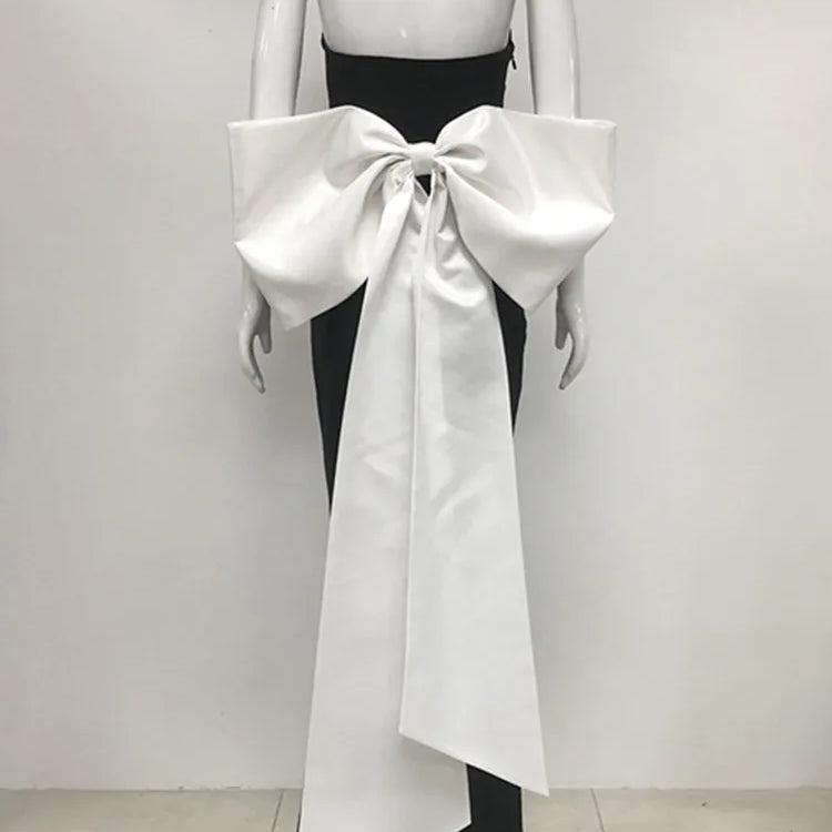 Women Celebrity Sexy Strapless Bow Tie Patchwork Black Maxi Long Bodycon Bandage Dress 2025 Elegant Evening Club Party Dress
