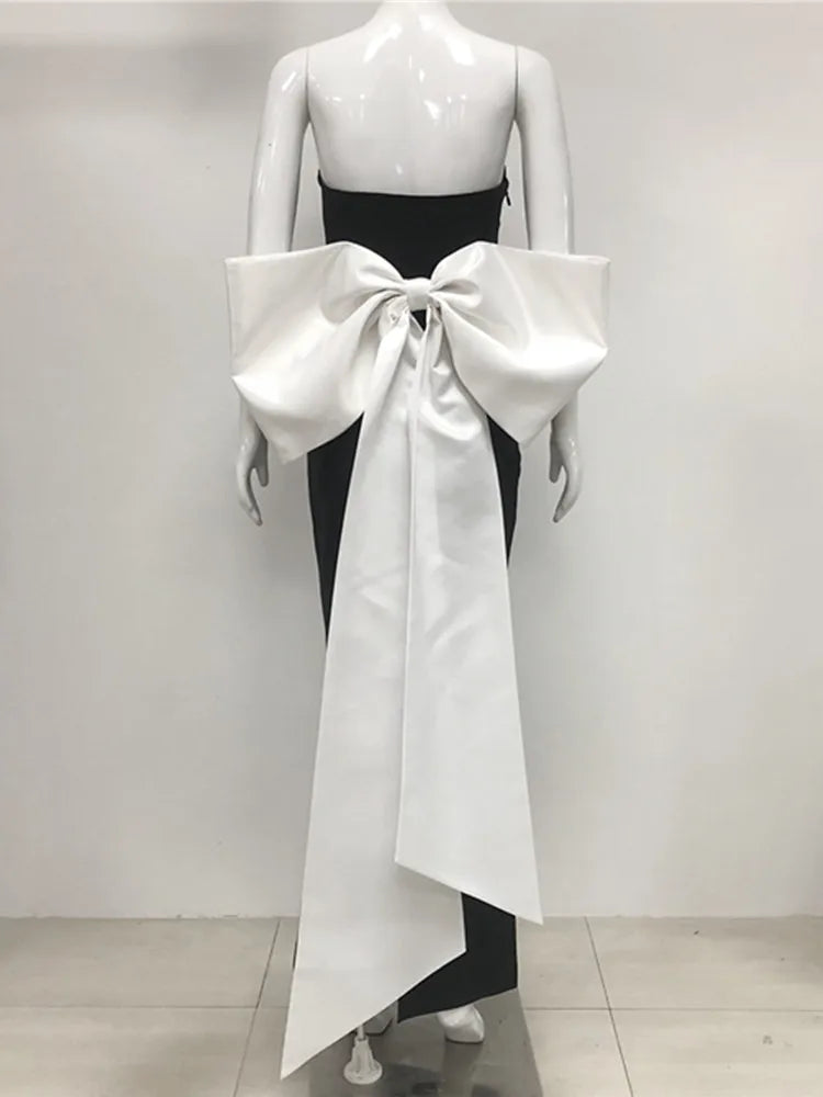 Women Celebrity Sexy Strapless Bow Tie Patchwork Black Maxi Long Bodycon Bandage Dress 2025 Elegant Evening Club Party Dress