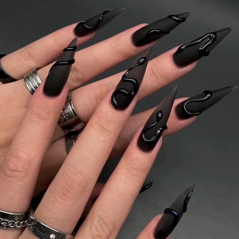Black Cool Fake Nails Halloween Bat Press on Nails Almond Decorated Nail Tips Rivet Bow False Nails 24pcs Reusable Acrylic Nails 17