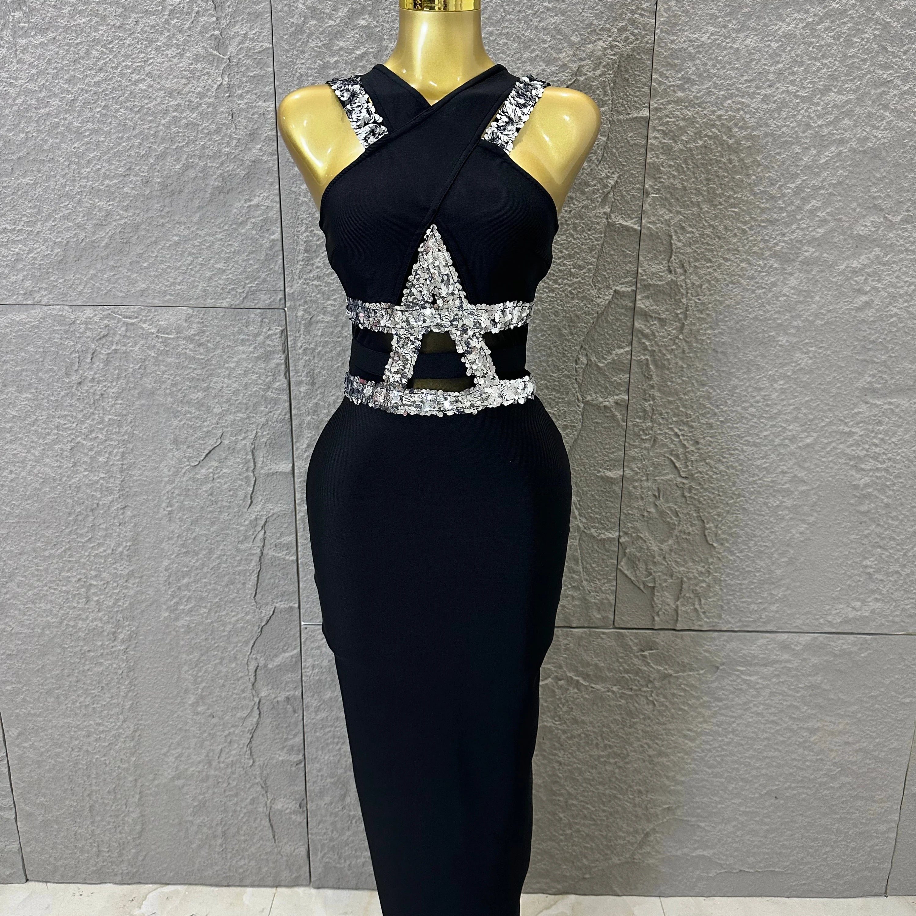 Elegant Black Halter Neck Maxi Dress Women Sexy Crisscross Crystal Embellished Sheer Mesh Cutout Waist Form-Fitting Outfit black
