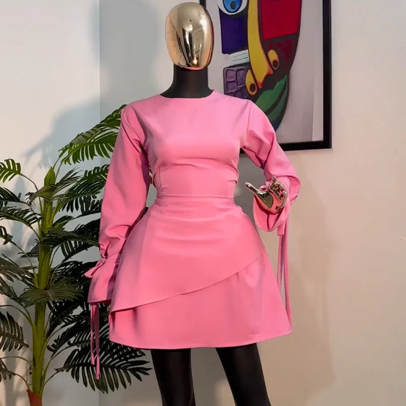 Women Tie Up Bow Long Sleeve O-neck Mini Dress 2025 Birthday Holiday Sexy Club Party Evening High Street A-Line Dresses pink