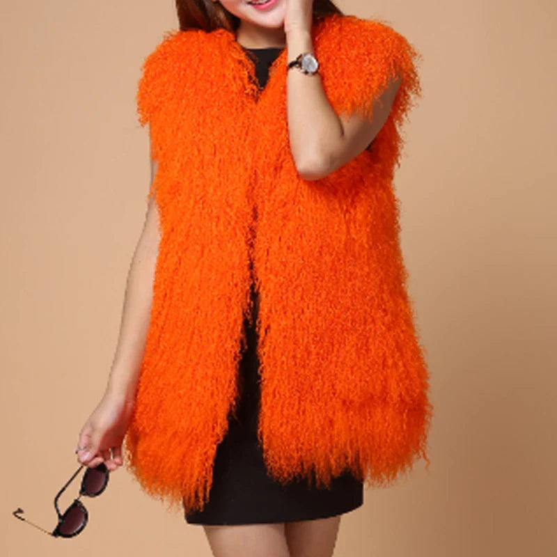 11 Colors Luxury Thick Warm Mongolia Sheep Fur Vest Women New Winter Hot V-neck Sexy Wool Fur Coat orangered