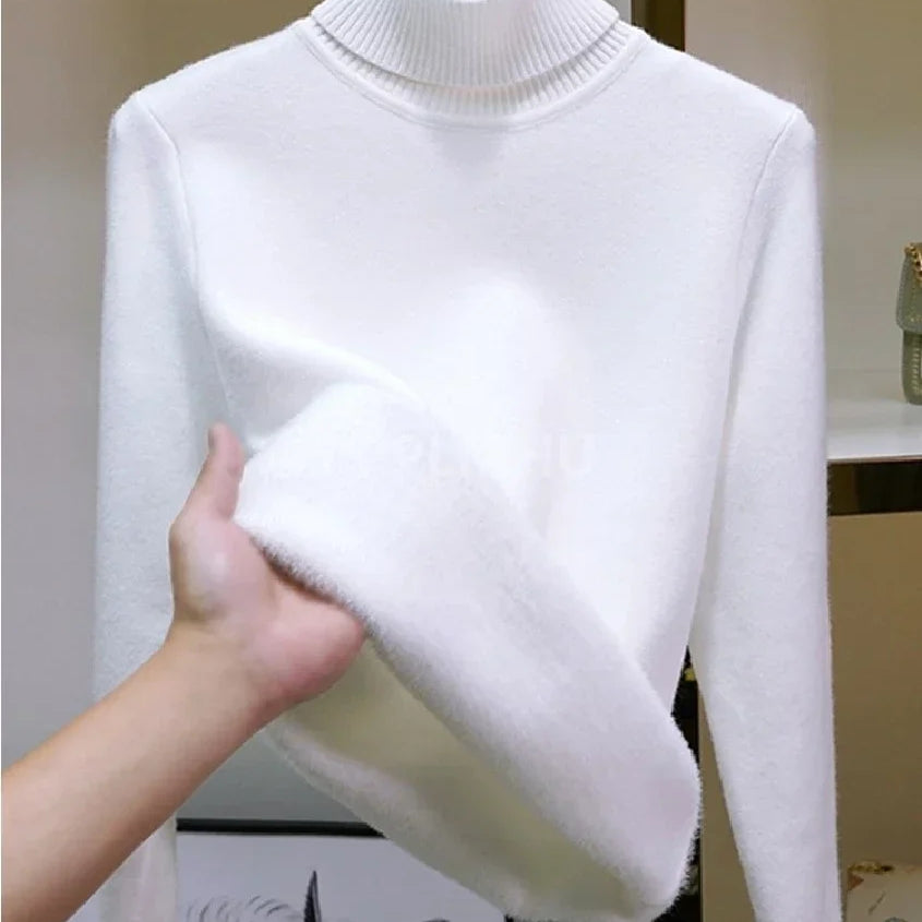 Warm Knit Pullover New Thicken Turtleneck Sweater For Winter Women Casual Slim Plush Lined Soft Long Sleeve Knitwear Jumper Tops basic whiter
